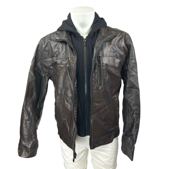 Calvin Klein Men's Brown Leather Long Sleeve Hooded Zip Moto Coat Jacket Size M - Picture 1 of 6